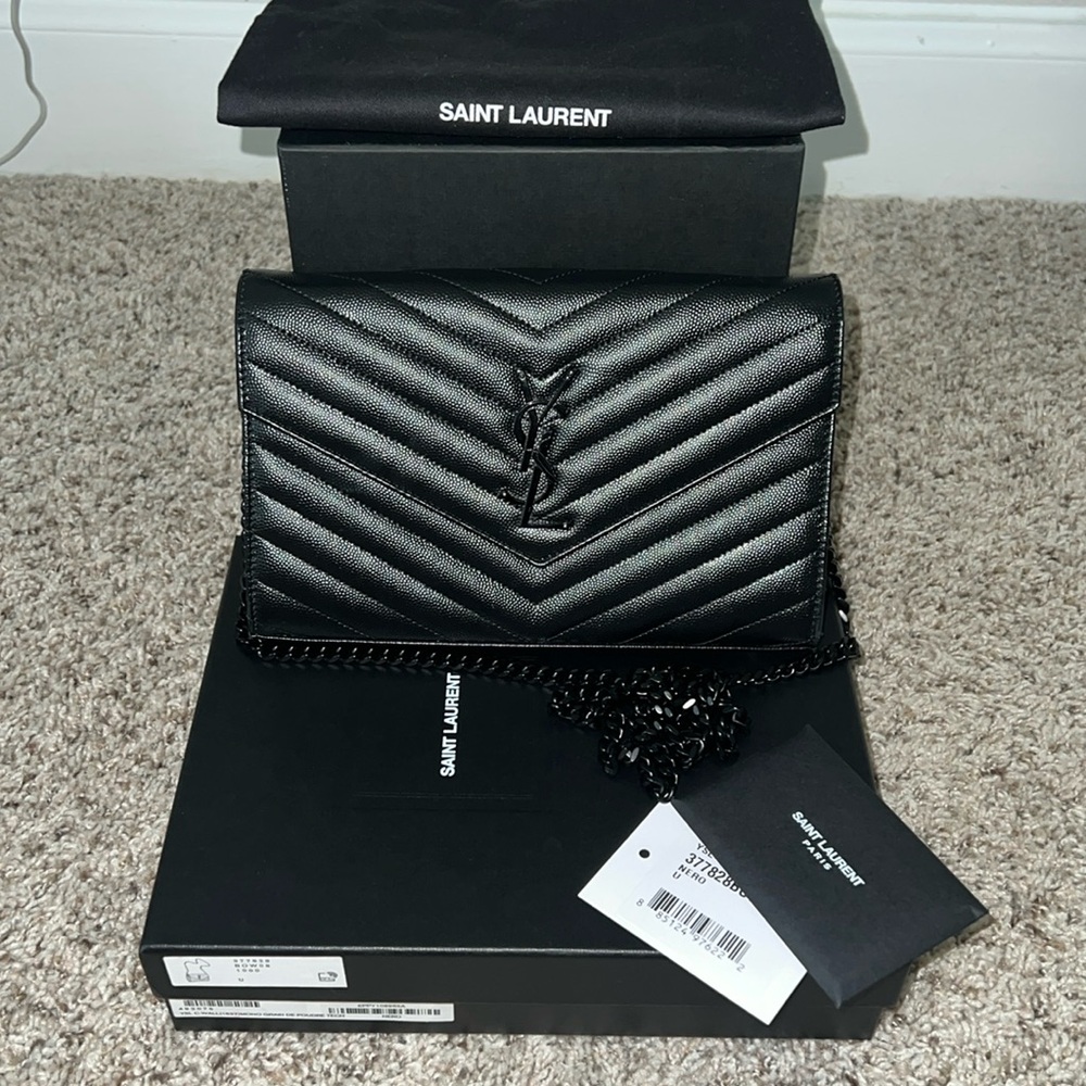 YSL Monogram Large Wallet on Chain in Grained Leather